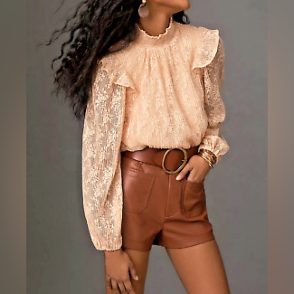 Anthropologie Porridge Peach Lace Long Sleeve Mock Neck Top Sz Medium NWT